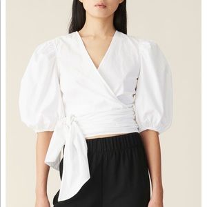 GANNI white poplin puff sleeve wrap top